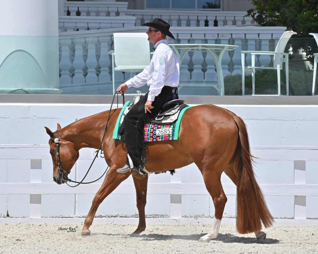 A man in western attire rides a chestnut horse with a numbered saddle pad in an outdoor arena.