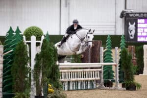 A rider in equestrian gear guides a gray horse over a jump in an indoor show jumping arena with artificial trees and a scoreboard in the background.