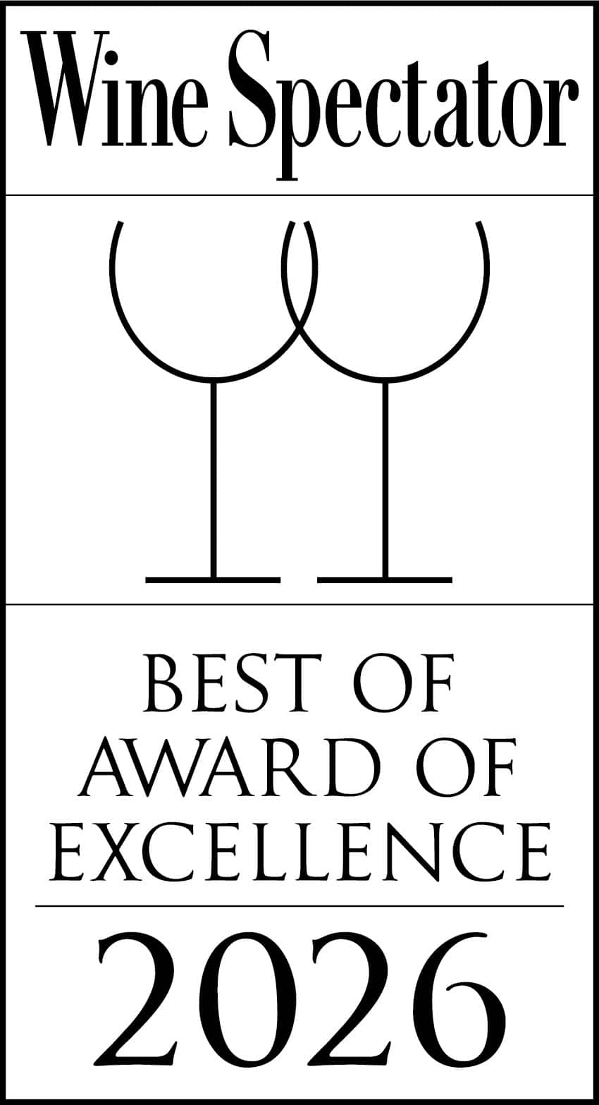 Wine Spectator Best of Award of Excellence 2026 graphic with two outlined wine glasses and bold black text on a white background.