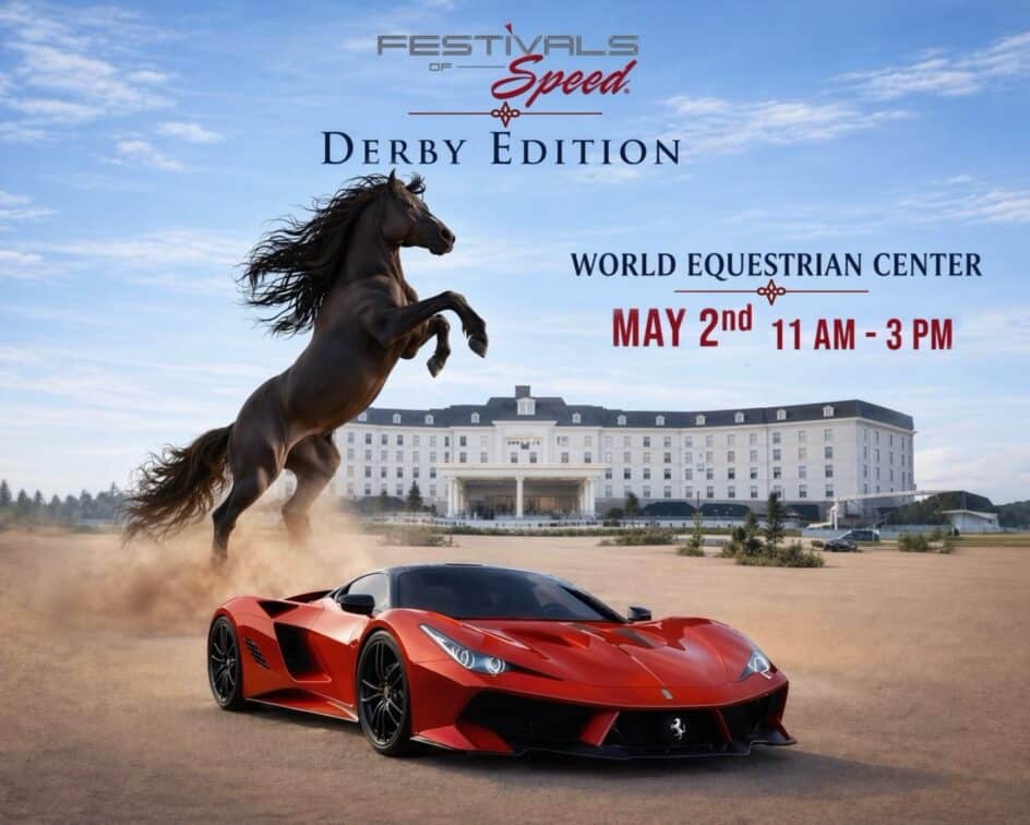 A red Ferrari and a rearing horse are in front of a large hotel promoting the Festivals of Speed Derby Edition at the World Equestrian Center on May 2nd, 11 AM to 3 PM.