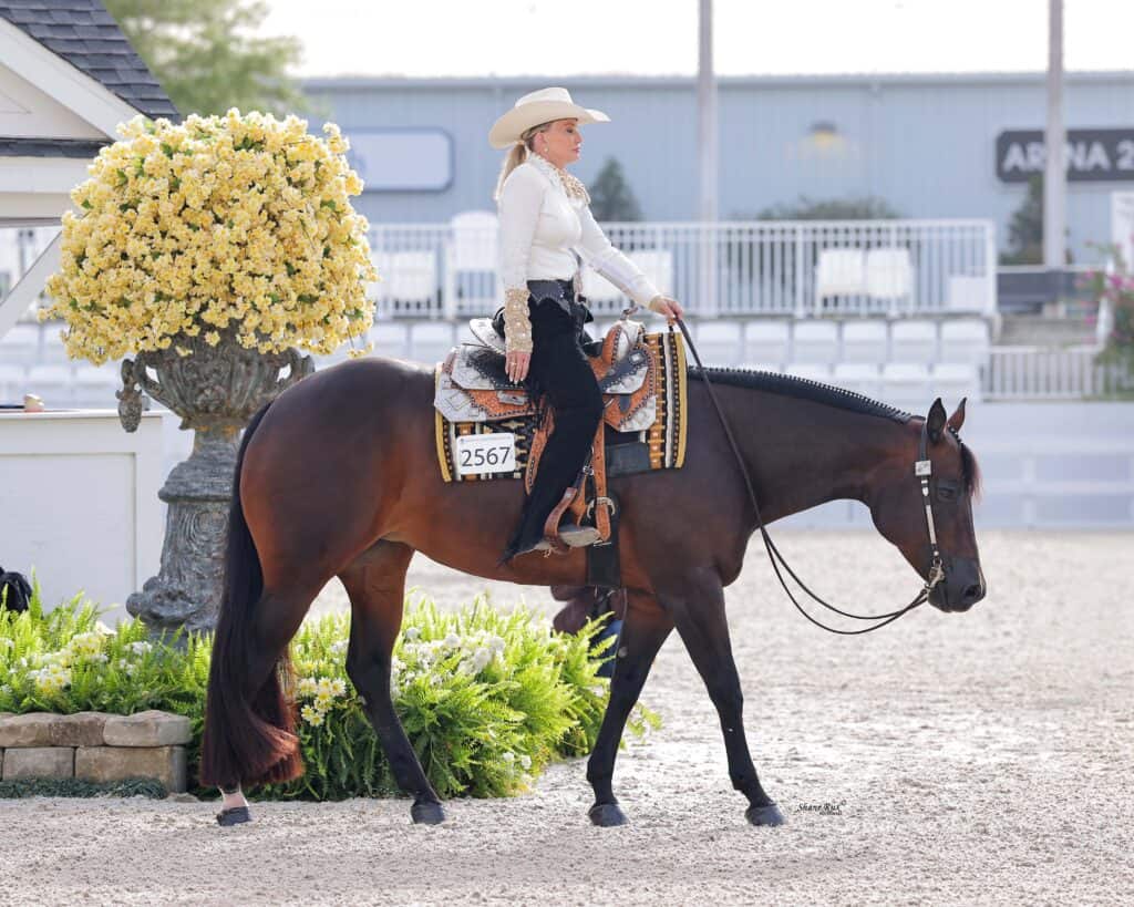 A person in a white shirt and cowboy hat rides a brown horse with number 2567 in an outdoor arena near a large yellow flower display.
