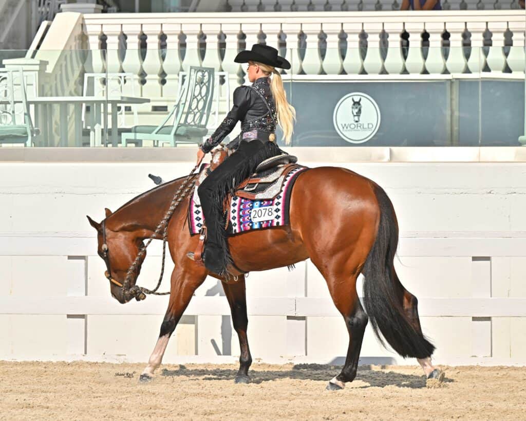 A rider in western attire leads a bay horse with a decorated saddle pad and number 2078 in an arena with empty seats in the background.