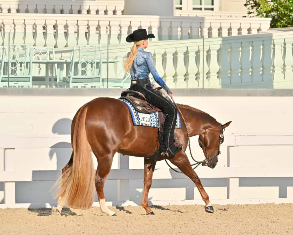 A woman in a black cowboy hat and blue shirt rides a chestnut horse with a patterned saddle pad in an outdoor arena.