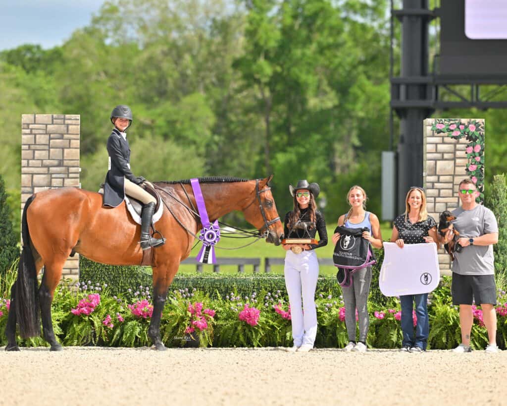 A rider on a brown horse with a purple ribbon poses with five people holding awards and prizes, standing in an outdoor arena with greenery and decorative pillars.