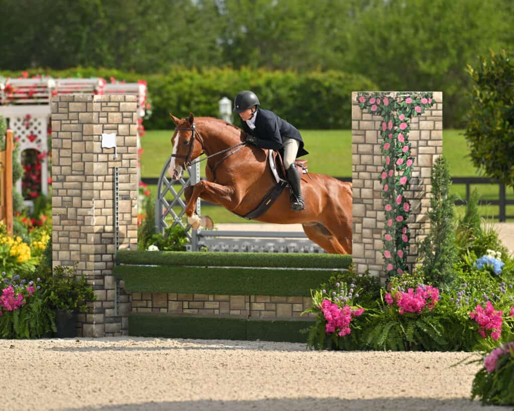 A rider in a black helmet and jacket guides a chestnut horse over a brick-patterned jump in an outdoor equestrian arena with colorful flowers and greenery.