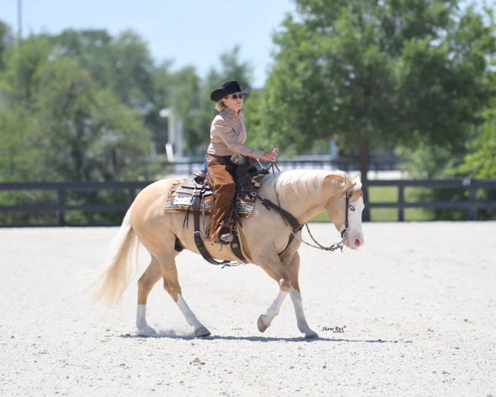 A person wearing a cowboy hat and chaps rides a light-colored horse in an outdoor sandy arena with trees in the background.