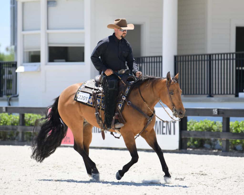 A man in a wide-brimmed hat and dark shirt rides a brown horse in a sandy arena in front of a white building.