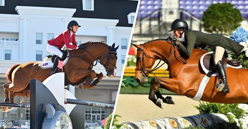 Two equestrians riding horses jump over obstacles in separate outdoor show jumping competitions.