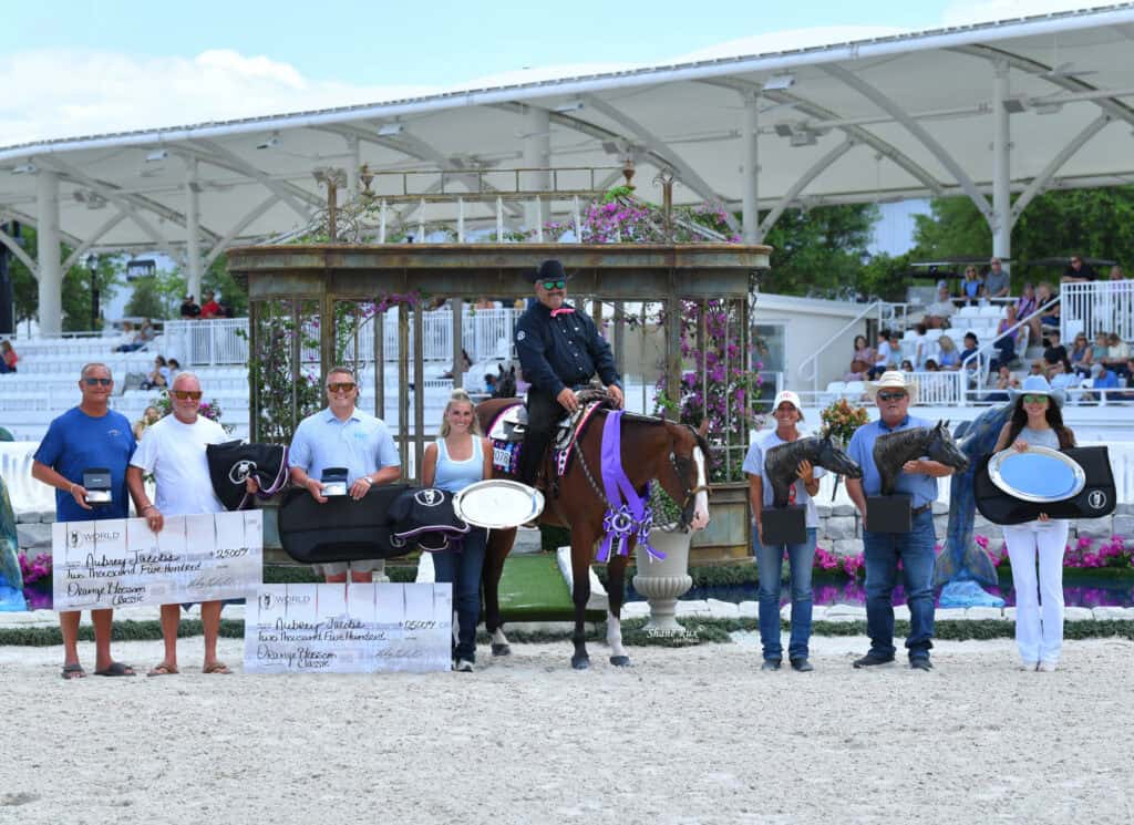 A group of people, a horse, and a rider pose with awards, plaques, and large checks in an outdoor equestrian arena.
