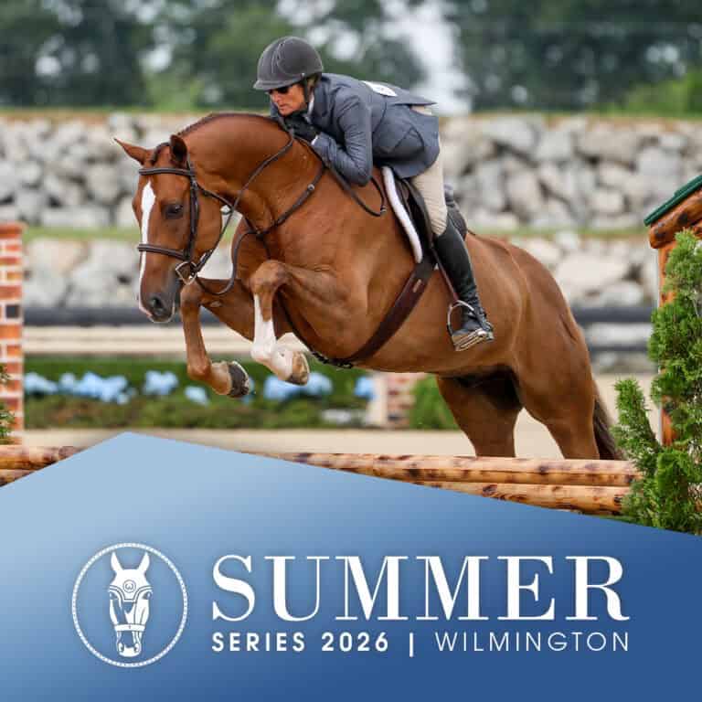 Equestrian rider and horse mid-jump during a competition, with “Summer Series 2026 Wilmington” text and logo at the bottom of the image.