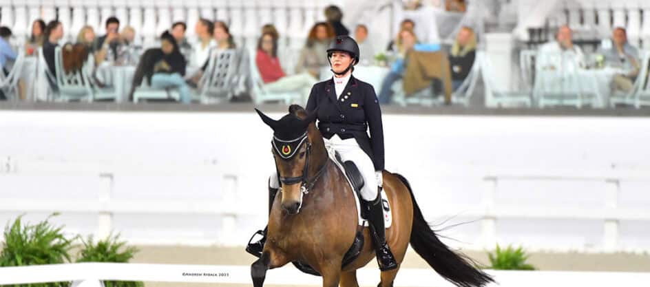 Equestrian rider in formal attire competes in dressage on a brown horse, with spectators seated in the background.