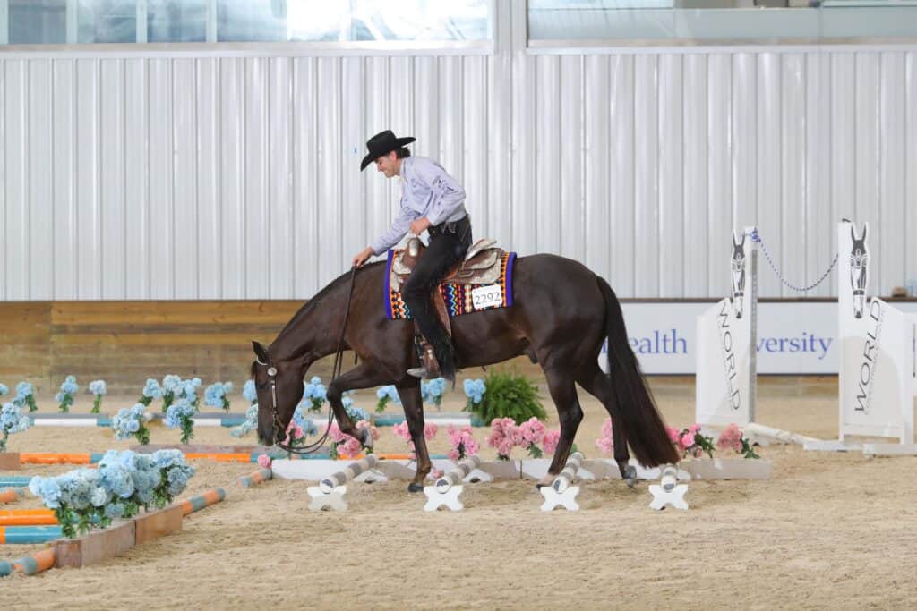 A person in a cowboy hat rides a dark horse through an indoor arena course marked with poles and flowers.