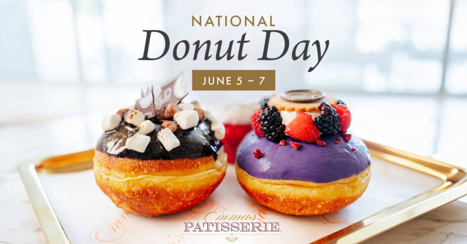 Two decorated donuts on a tray with text promoting National Donut Day, June 5–7, at Emma’s Patisserie.