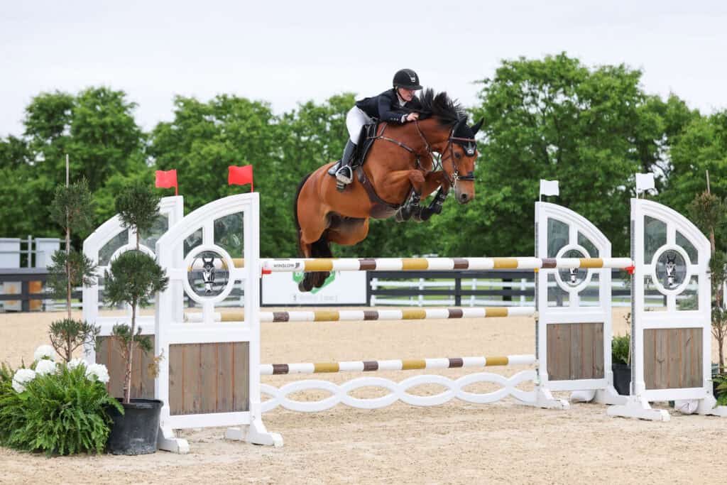 Equestrian rider on a brown horse jumps over a white and yellow obstacle during a show jumping competition in an outdoor arena.