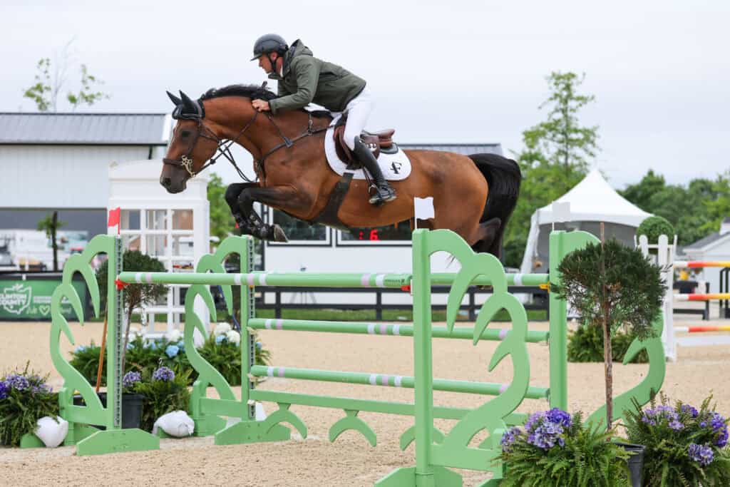 A rider in equestrian gear jumps a brown horse over a green and white obstacle at an outdoor show jumping event.