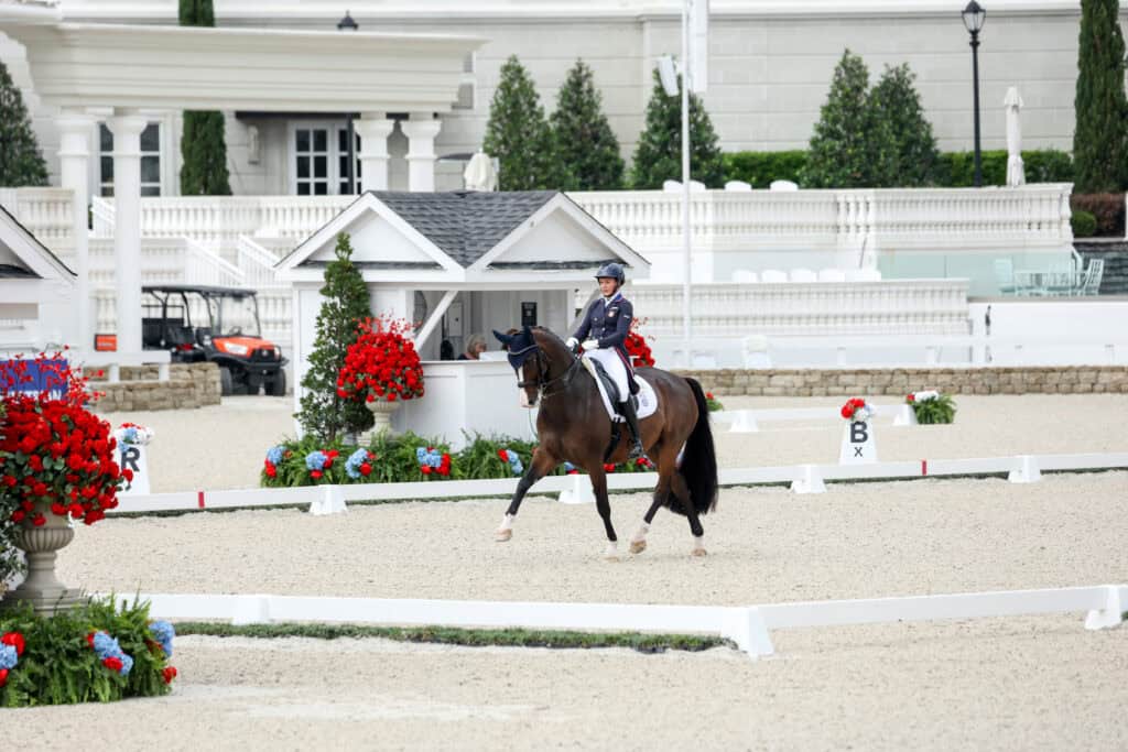 An equestrian rider in uniform competes in a dressage arena on a dark horse, with flower arrangements and white pavilions in the background.