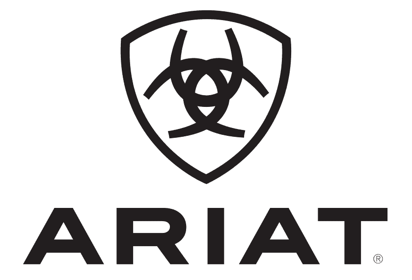 Black Ariat logo with a stylized shield containing three interlocking horseshoes above the word "ARIAT" in bold, uppercase letters.