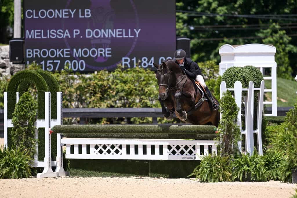 A rider on a dark horse jumps over an obstacle at an equestrian event, with a scoreboard displaying names and scores in the background.