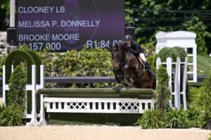 A rider on a dark horse jumps over an obstacle at an equestrian event, with a scoreboard displaying names and scores in the background.