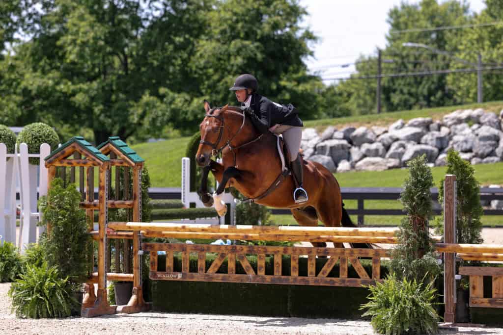 A rider in formal equestrian attire guides a horse over a wooden jump during an outdoor horse jumping competition.
