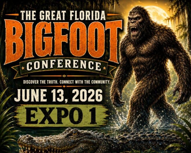 Poster for The Great Florida Bigfoot Conference on June 13, 2026 at Expo 1, featuring a large Bigfoot and an alligator in a swamp setting.