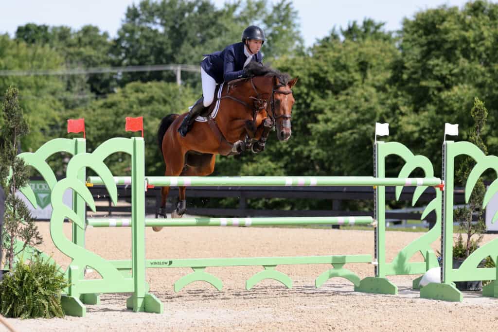 A rider in a helmet and jacket guides a brown horse over a green and white jump during an outdoor equestrian competition.
