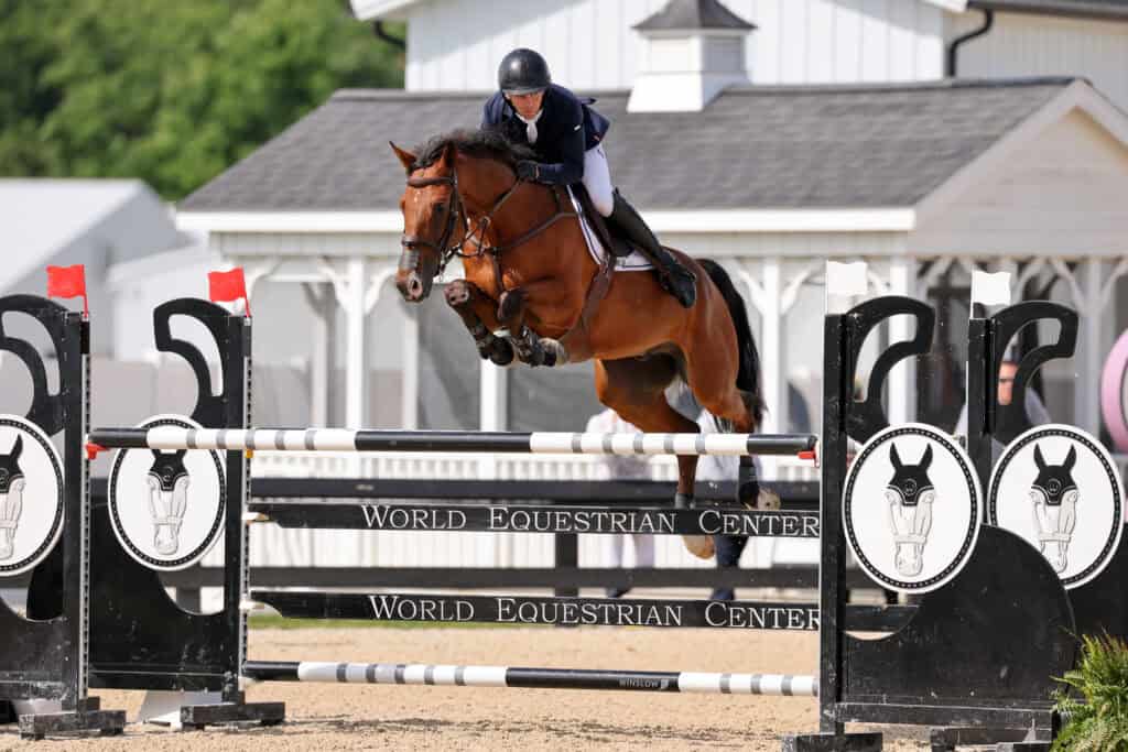 A rider in equestrian gear guides a brown horse over a jump at the World Equestrian Center, with a white building in the background.