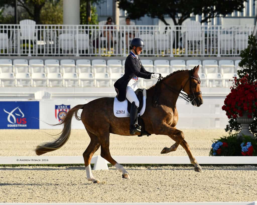 A rider in formal equestrian attire guides a horse at a trot during a dressage competition in an outdoor arena with empty white seats in the background.