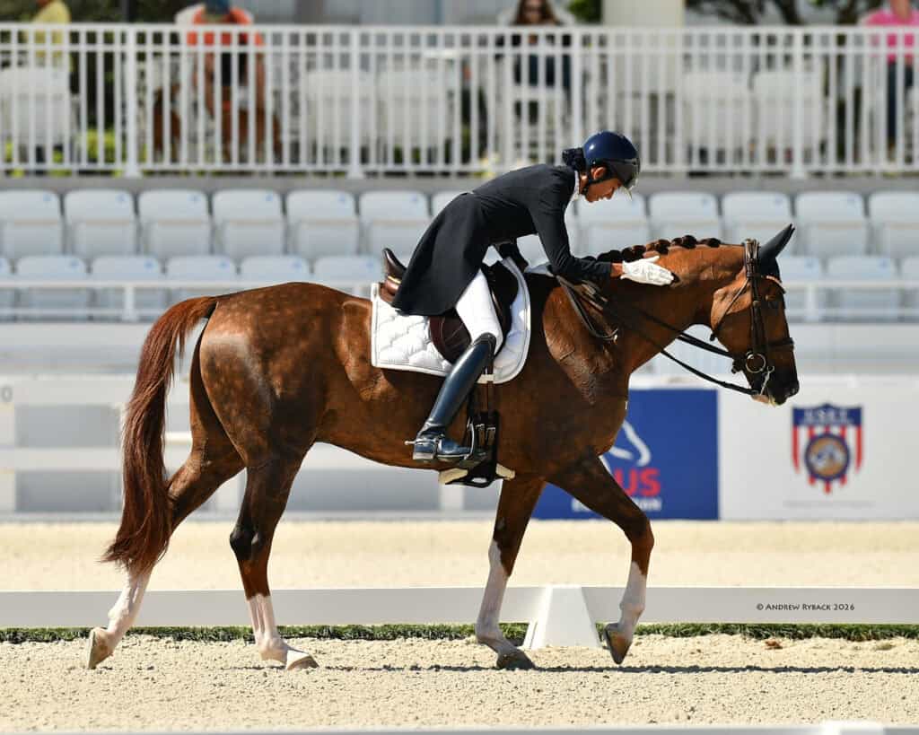 A rider in formal equestrian attire gently pats the neck of a brown horse during a dressage event in an outdoor arena.