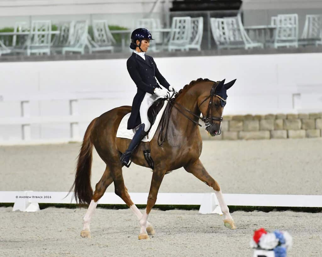 Equestrian athlete in formal attire rides a horse in a dressage competition arena with empty chairs in the background.