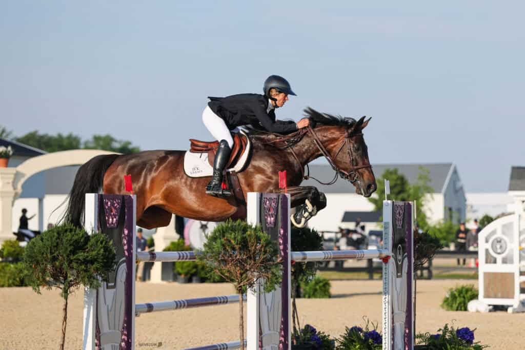 A rider wearing a helmet and jacket guides a horse over a jump during an equestrian show jumping competition.