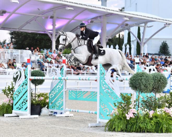 A rider in formal attire guides a white horse over a turquoise and white jump during an equestrian event, with spectators watching from the stands.