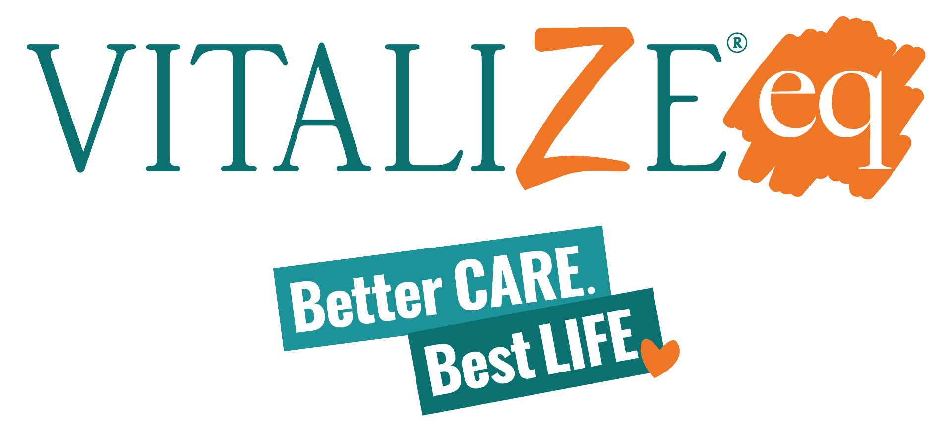 VITALIZE eq logo with the slogan "Better CARE. Best LIFE" in bold text and an orange heart.