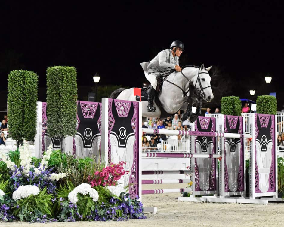 A rider in a gray jacket and helmet jumps a white horse over a purple and white obstacle during an equestrian event at night.