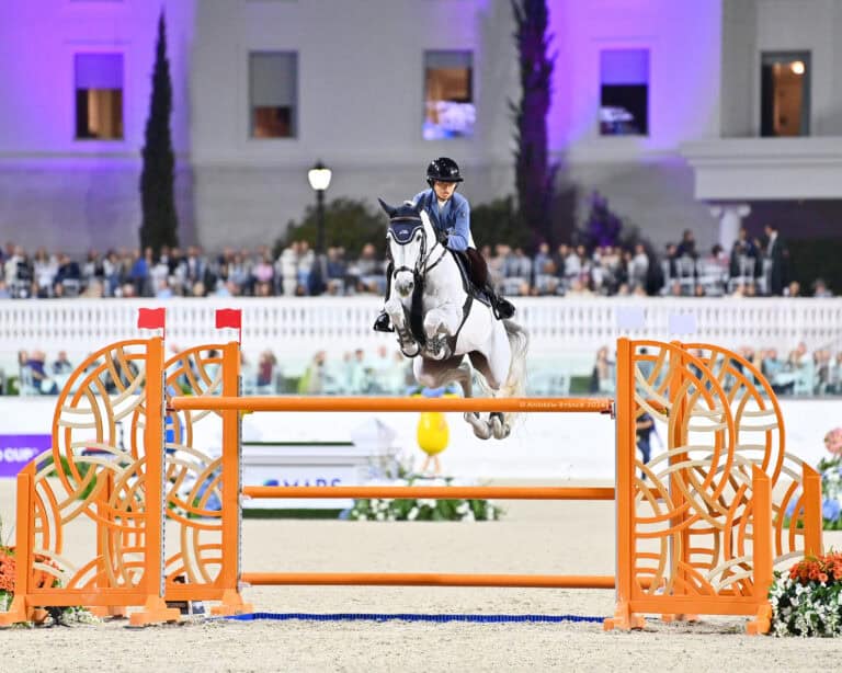 A rider in a helmet and blue shirt guides a white horse over an orange jump during an equestrian event with spectators in the background.