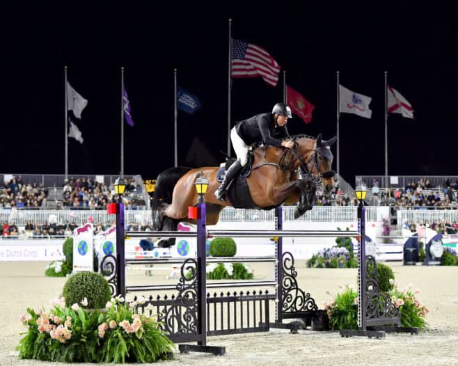 Equestrian rider and horse jumping over a high obstacle during a nighttime competition, with spectators and flags in the background.