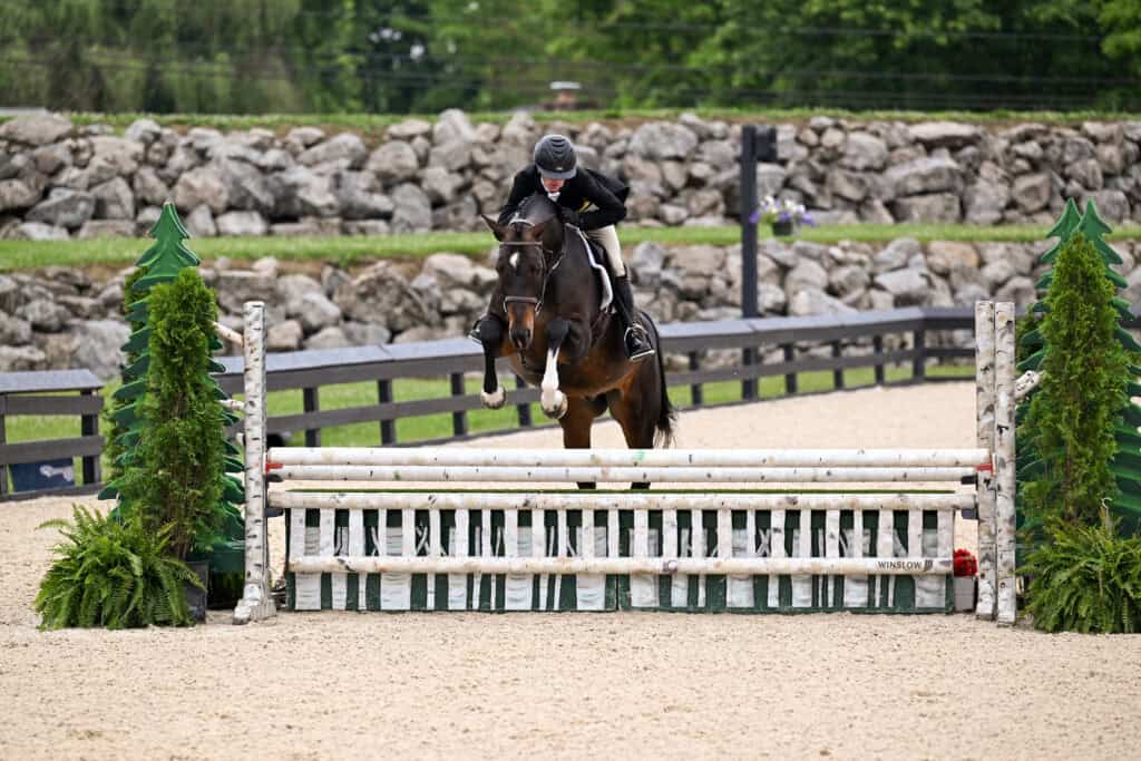 A rider in a helmet and jacket guides a horse over a green and white show jumping fence in an outdoor arena with a stone wall in the background.