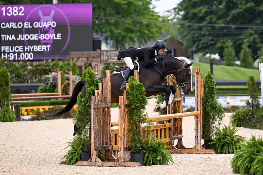 A rider in competition attire jumps a horse over a wooden obstacle at an outdoor equestrian event, with a scoreboard visible in the background.