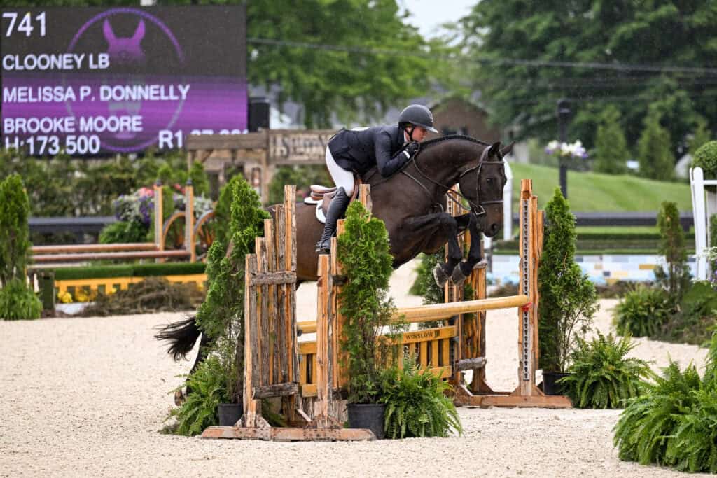 A rider and horse jump over a wooden obstacle during an equestrian event, with event details displayed on a screen in the background.