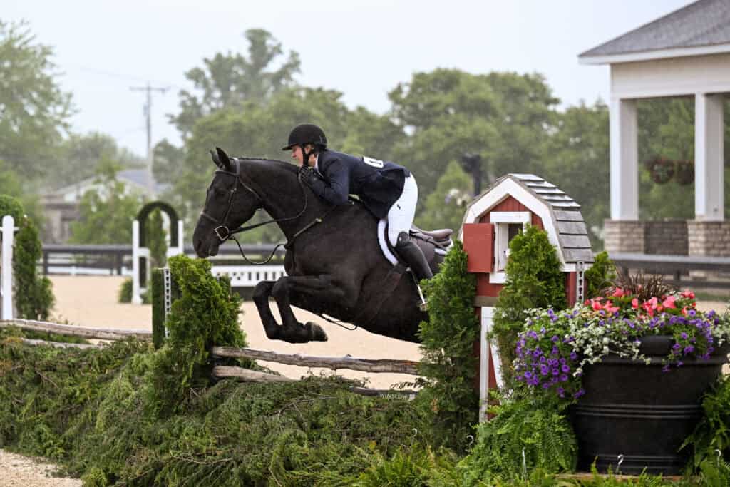 A person in equestrian attire rides a dark horse over a jump decorated with greenery at an outdoor competition arena.