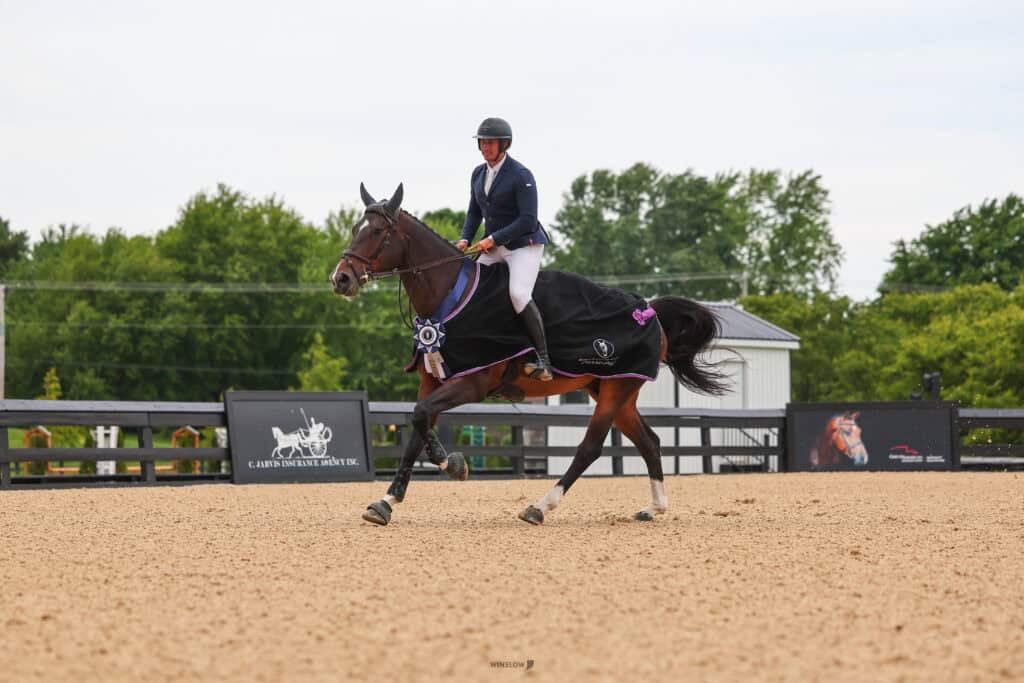 A rider in formal equestrian attire guides a horse draped in a winner’s blanket and ribbon on a sandy arena, with trees and signage in the background.