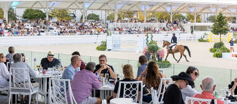 People dine at outdoor tables overlooking an equestrian arena, where a rider on horseback is performing in front of a seated crowd under a covered structure.