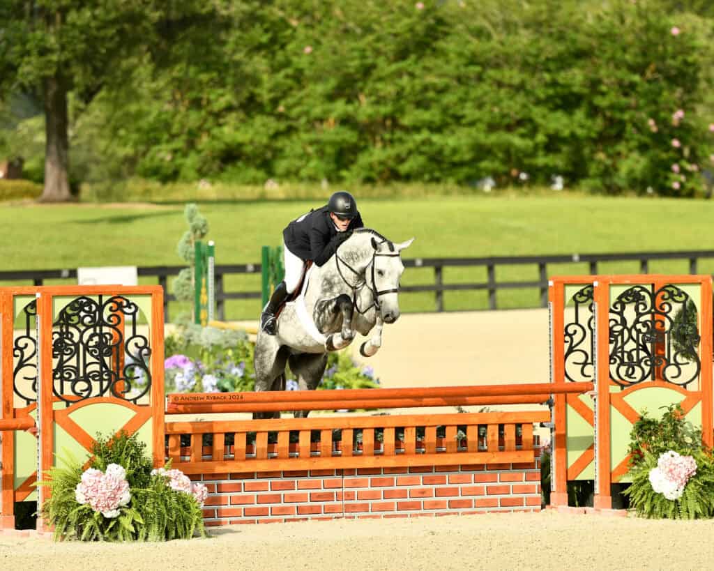 A person riding a grey horse jumps over a red and brick-patterned obstacle during an equestrian event, with greenery and flowers in the background.