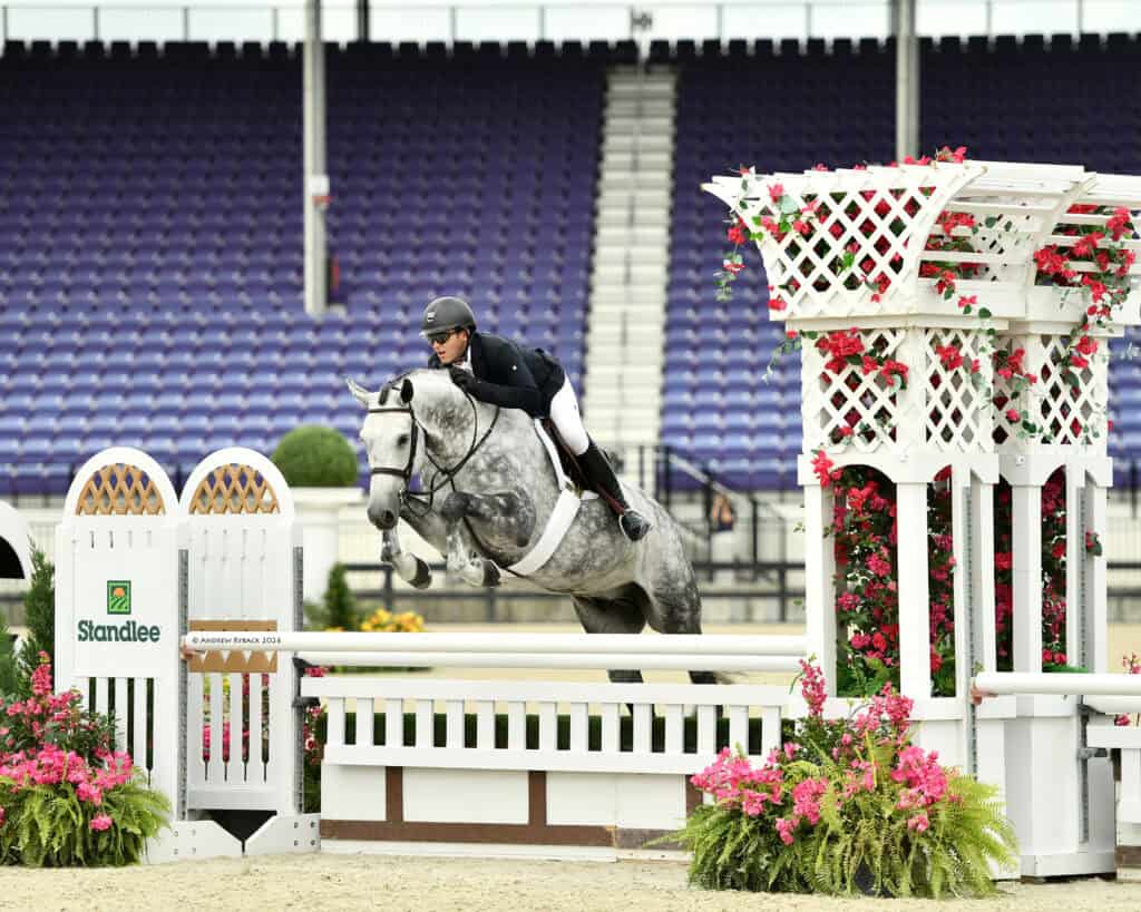 Equestrian rider on a gray horse jumps over a white and pink obstacle in an outdoor arena with empty blue stadium seats in the background.