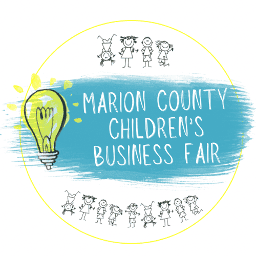 Logo for Marion County Children's Business Fair featuring a yellow light bulb, blue paint swatch with event name, and drawings of children forming a circle around the text.