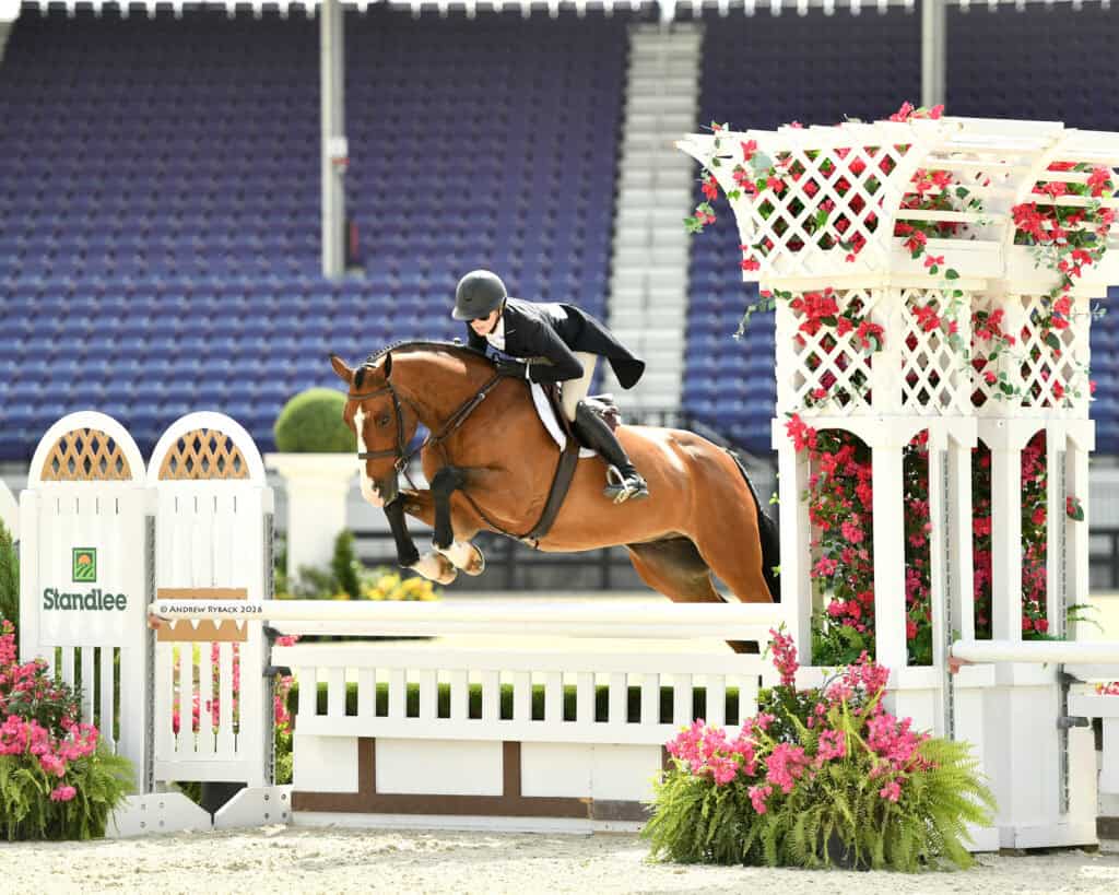A rider in formal attire guides a brown horse over a white jump decorated with pink flowers during an equestrian event in an arena.