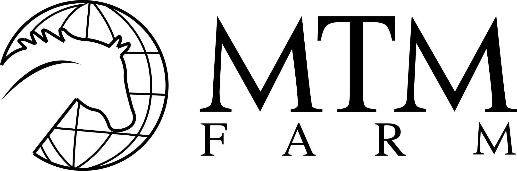 Logo for MTM Farm featuring a horse head silhouette over a globe on the left and the text "MTM FARM" in bold uppercase letters on the right.