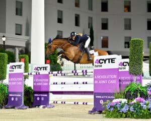 A rider in equestrian gear jumps a horse over a purple and white obstacle during a show jumping competition, with 4CYTE horse branding visible on the barriers.