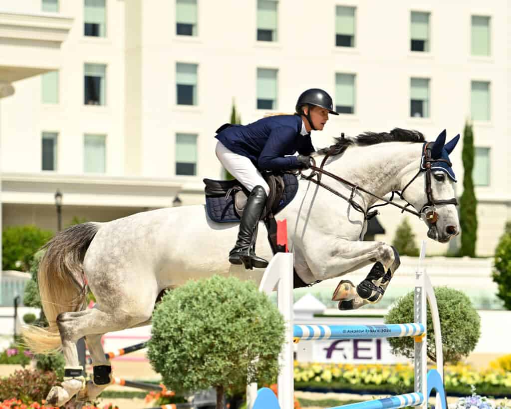 Equestrian rider in blue jacket and helmet jumps a white horse over an obstacle during a show jumping competition outdoors.