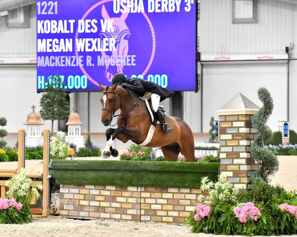 A rider on a brown horse jumps over a green hedge obstacle during an indoor equestrian competition, with a scoreboard displaying event and participant information in the background.
